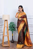 Brown Kanjivaram Silk Saree Gold Zari Border Contrast Green Pallu