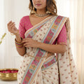 Off White Printed Linen Cotton Saree with Multicolor Border