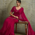 Rani Pink Chiffon Saree with Zari Border Designer Party Wear Saree