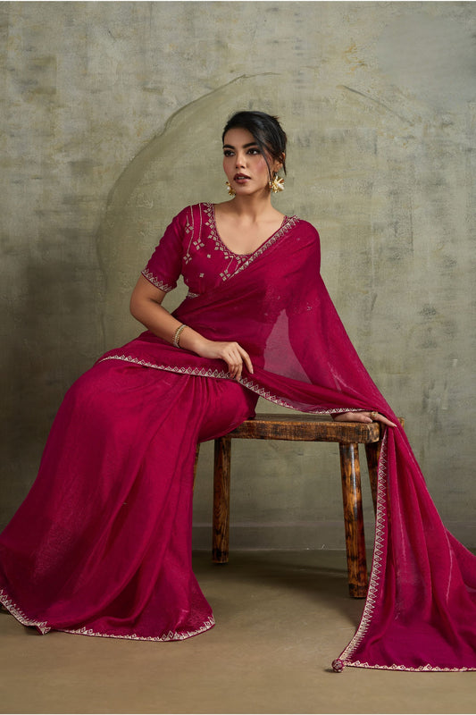 Rani Pink Chiffon Saree with Zari Border Designer Party Wear Saree