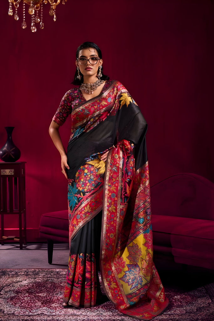 Black Silk Saree with Red Floral Designer Border Traditional Saree
