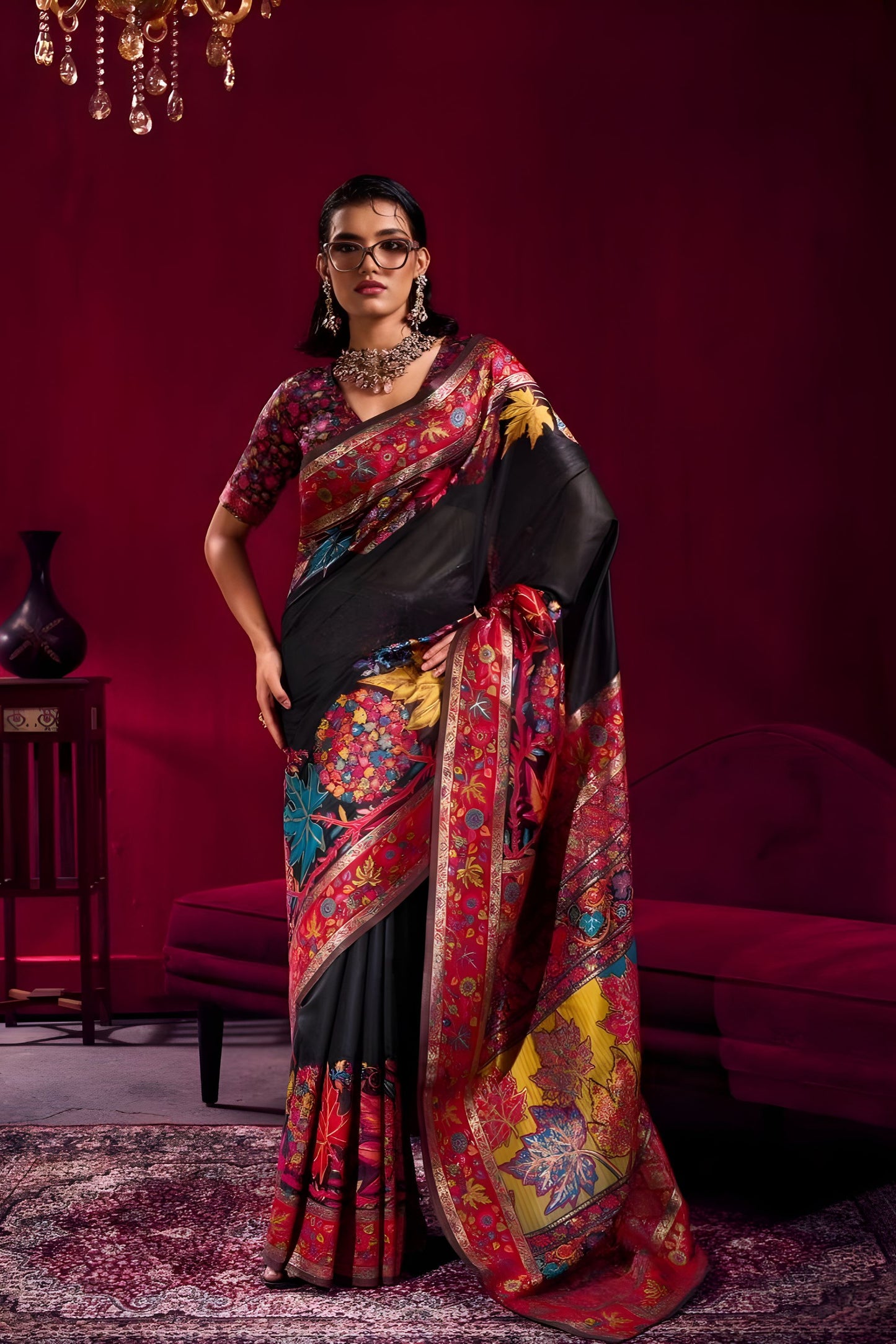 Black Silk Saree with Red Floral Designer Border Traditional Saree