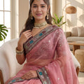 Pink Organza Saree with Embroidered Border Designer Blouse
