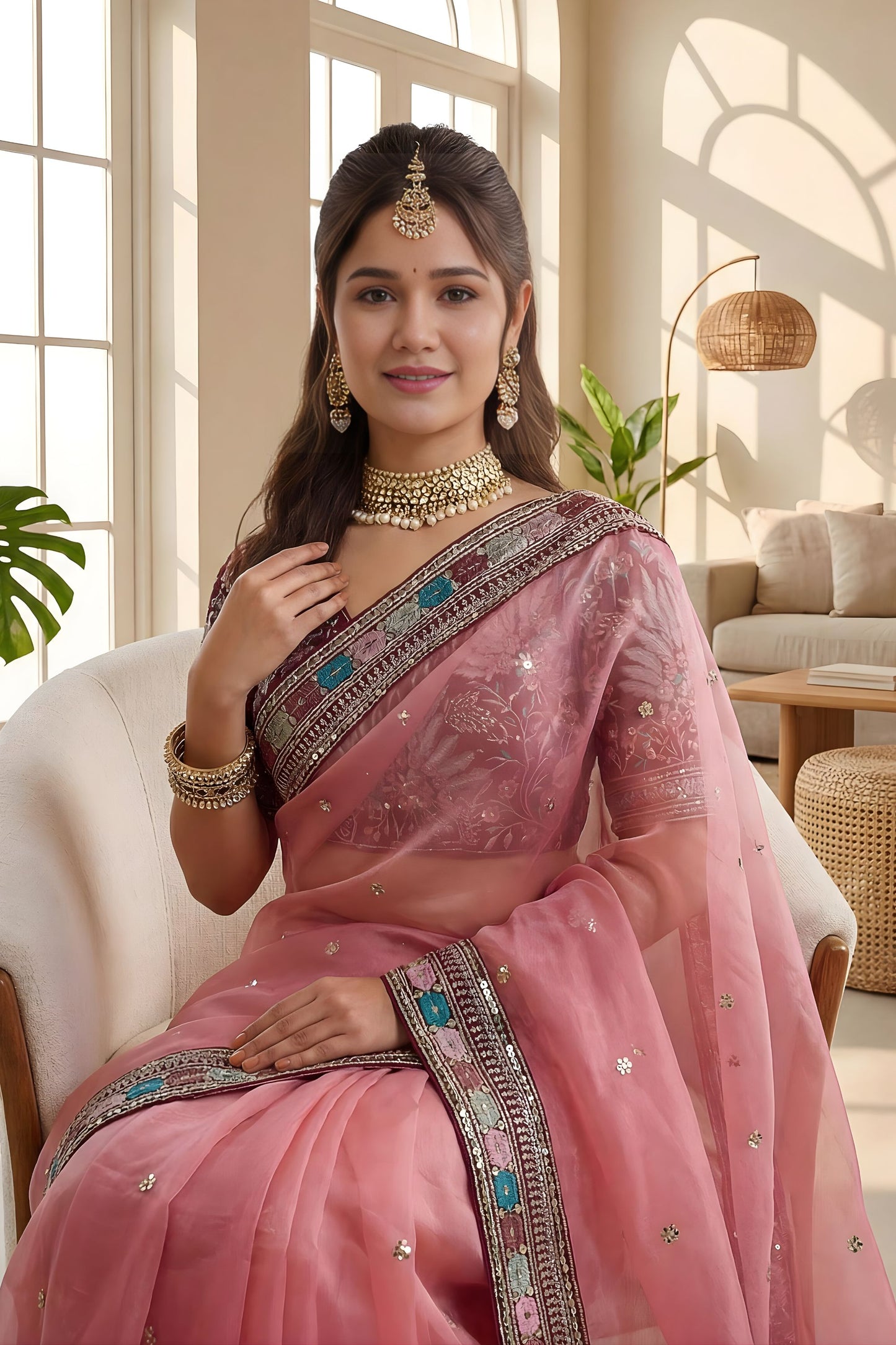 Pink Organza Saree with Embroidered Border Designer Blouse