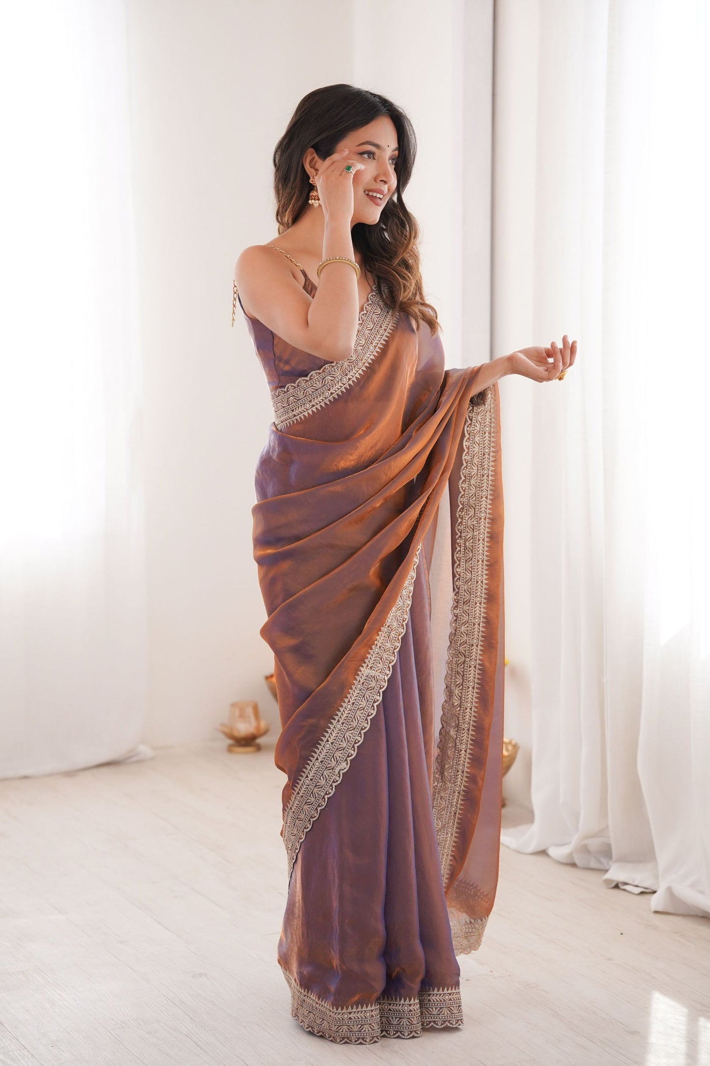 Dual Tone Purple Copper Organza Saree Designer Embroidered Border