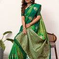 Green Banarasi Silk Saree Antique Gold Zari Motifs Rich Woven Pallu