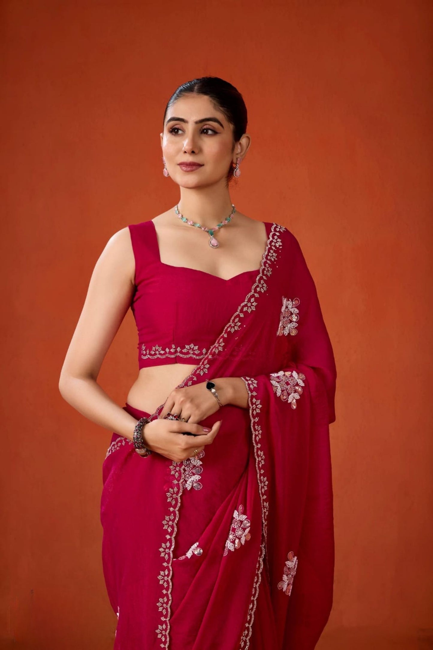 Wine Red Embroidered Georgette Saree Floral Motifs Designer Border