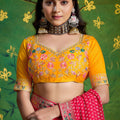 Pink Bandhej Georgette Saree and Yellow Designer Blouse
