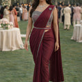 Luxury Wine Red Designer Saree Embellished Blouse Stone Border 