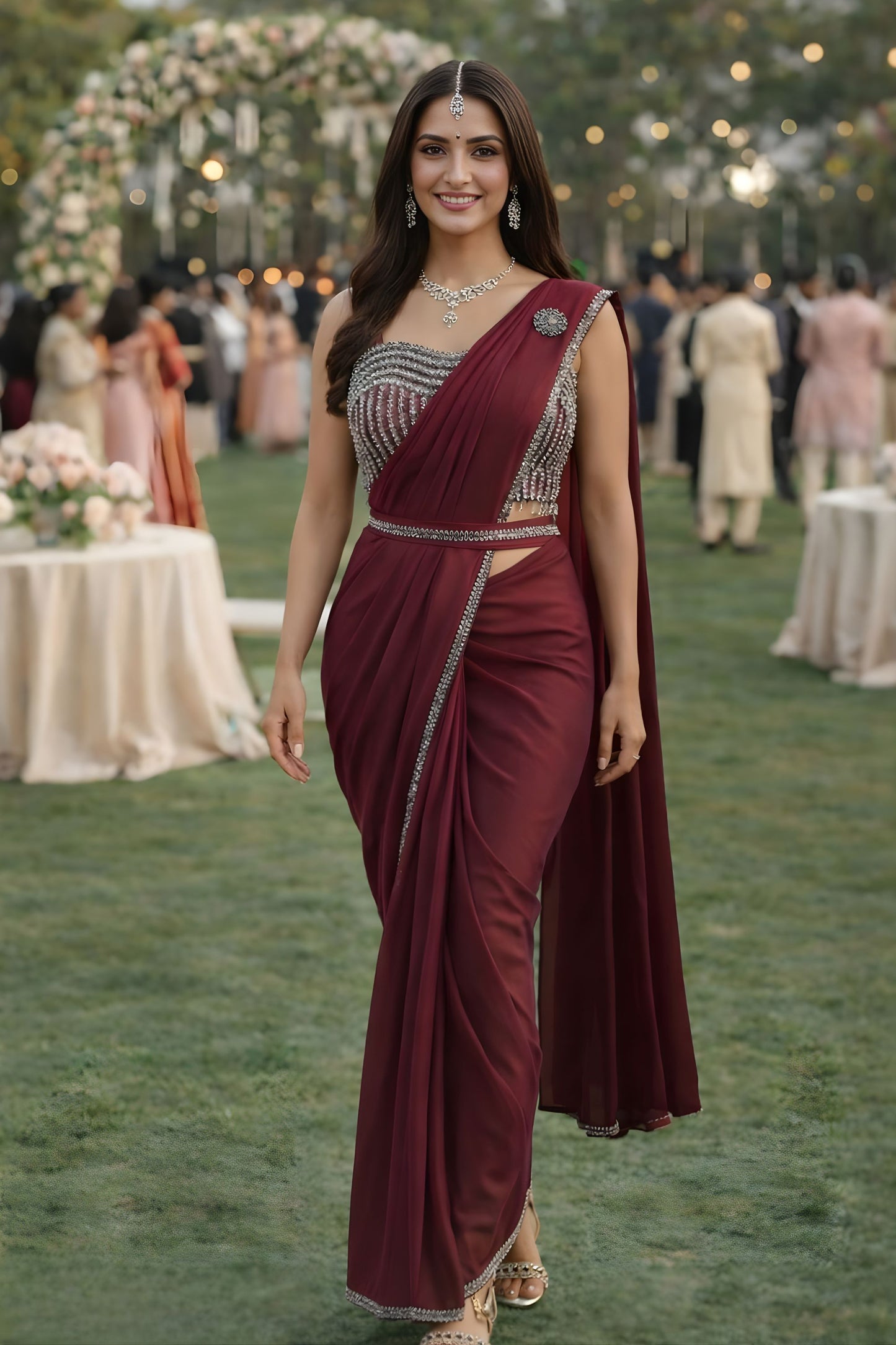 Luxury Wine Red Designer Saree Embellished Blouse Stone Border 