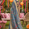 Grey Linen Silk Saree Multicolor Peacock Floral Print Zari Border
