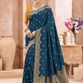 Teal Blue Banarasi Silk Saree with Gold Zari Border Rich Pallu