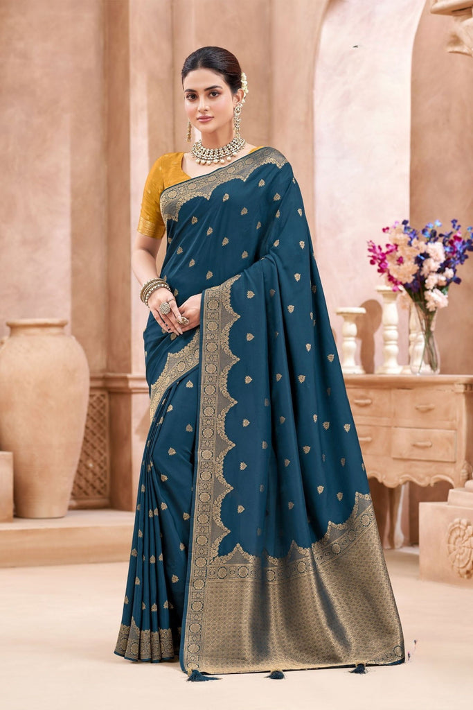 Teal Blue Banarasi Silk Saree with Gold Zari Border Rich Pallu