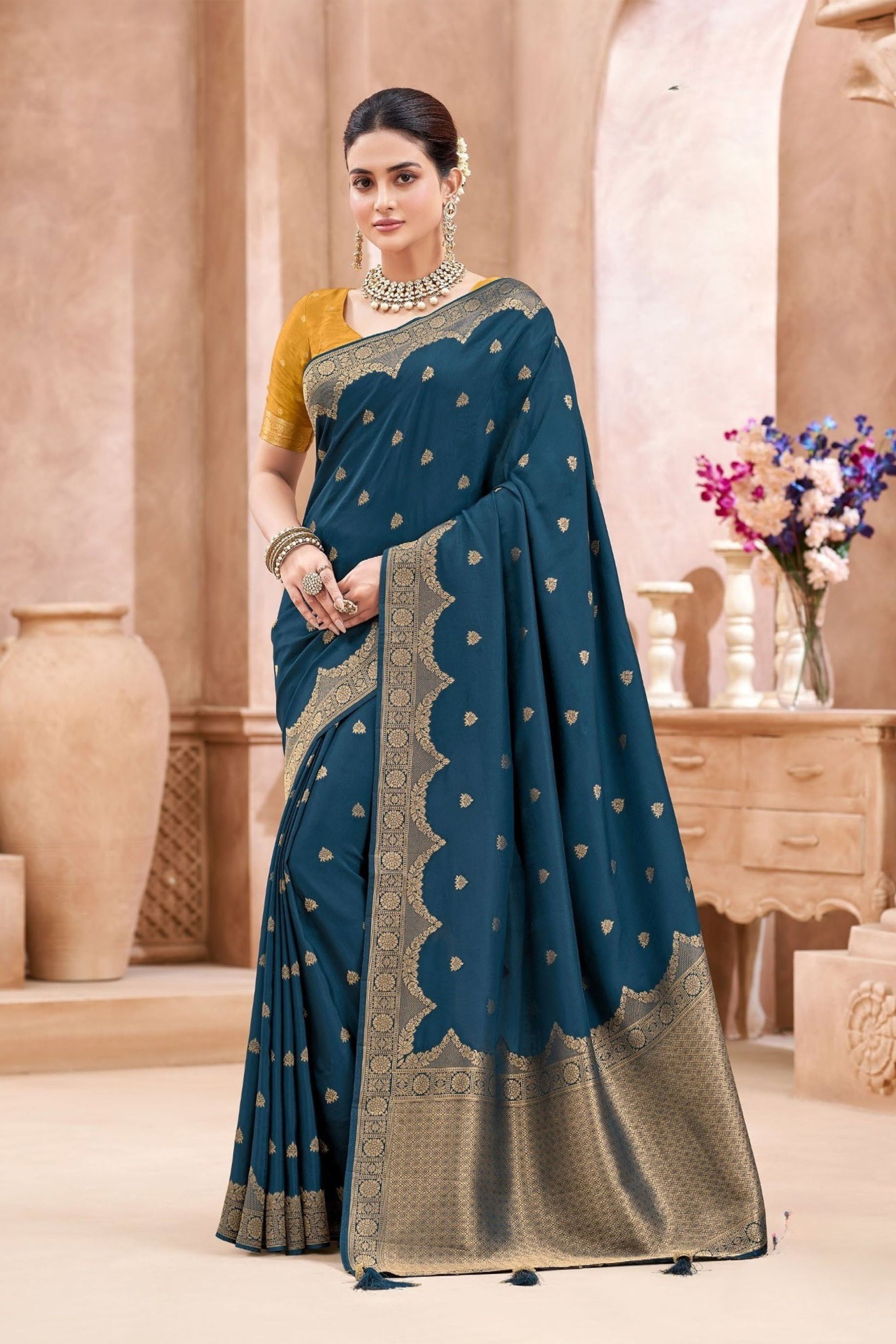 Teal Blue Banarasi Silk Saree with Gold Zari Border Rich Pallu