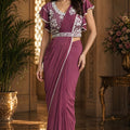 Dusty Rose Designer Ready to Wear Saree with Embroidered Ruffle Blouse