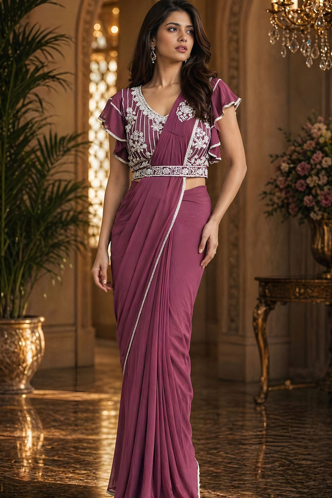 Dusty Rose Designer Ready to Wear Saree with Embroidered Ruffle Blouse