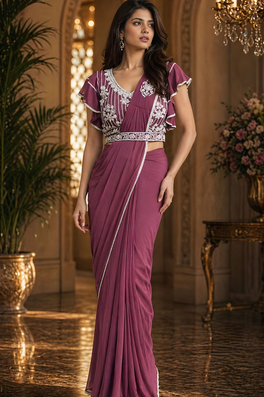 Dusty Rose Designer Ready to Wear Saree with Embroidered Ruffle Blouse