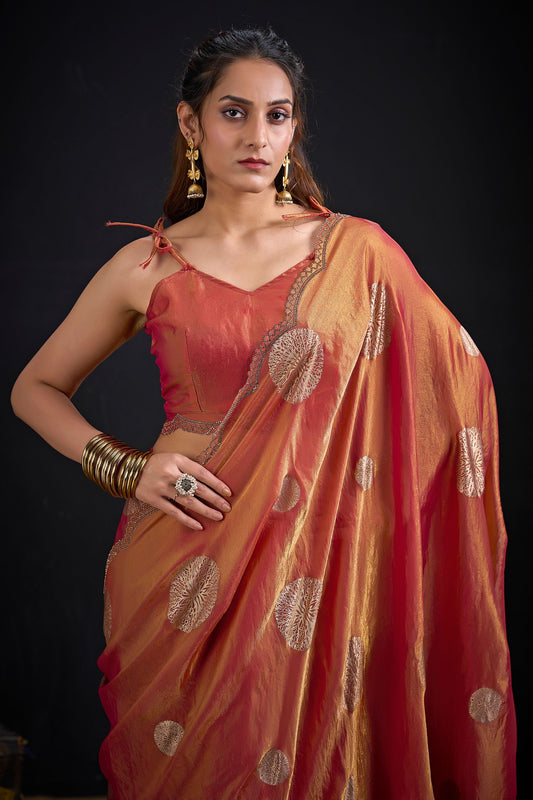 Copper Orange Tissue Silk Saree with Gold Zari Polka Butti Design