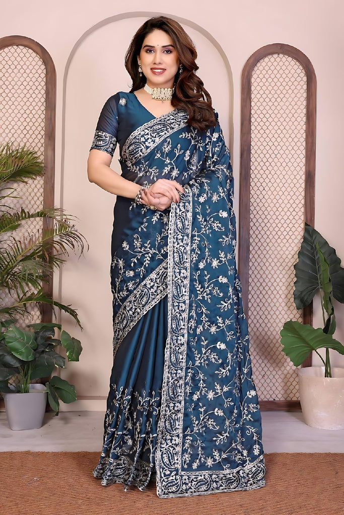 Navy Blue Designer Embroidered Saree with Heavy Sequins Work