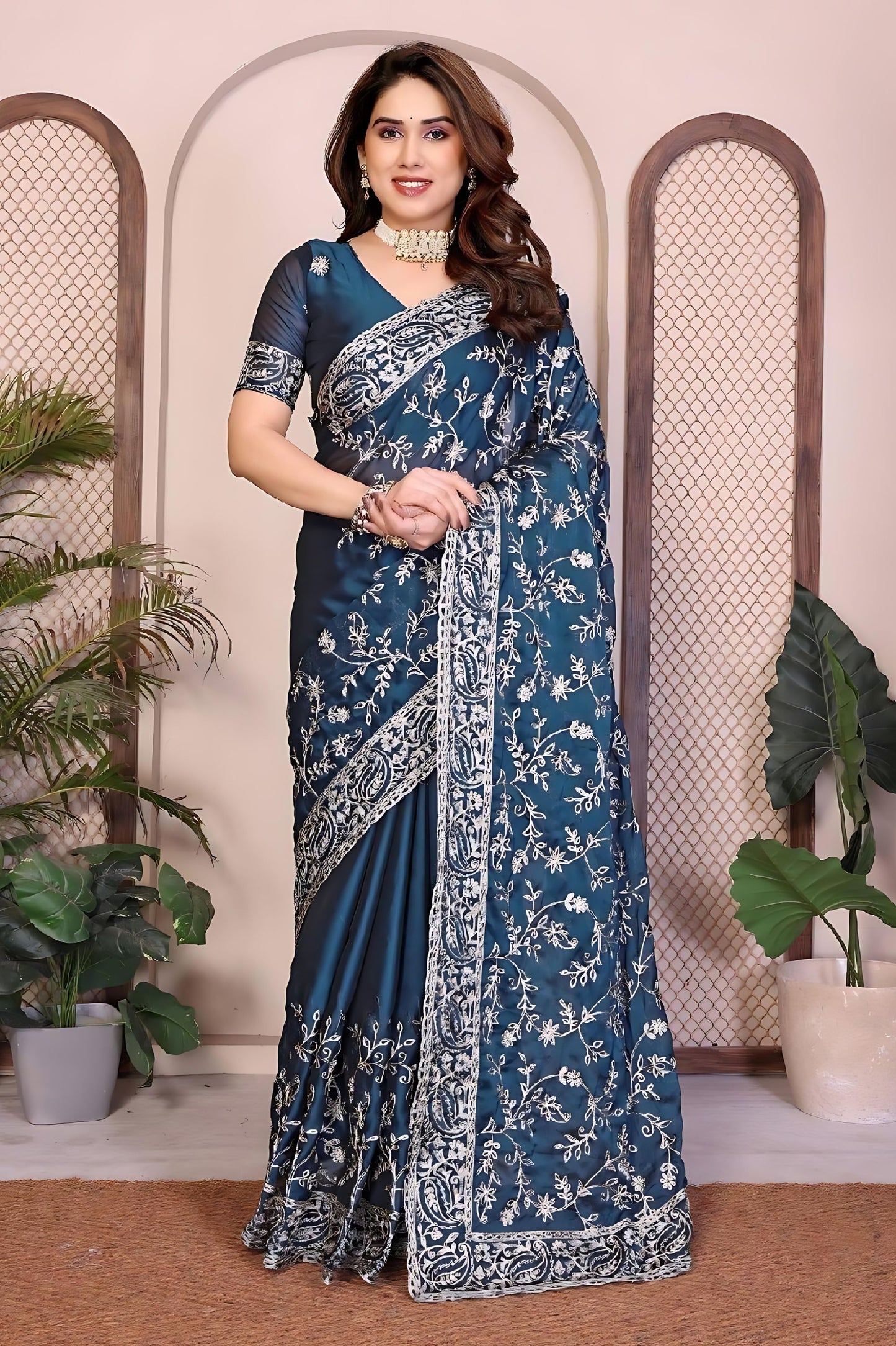 Navy Blue Designer Embroidered Saree with Heavy Sequins Work