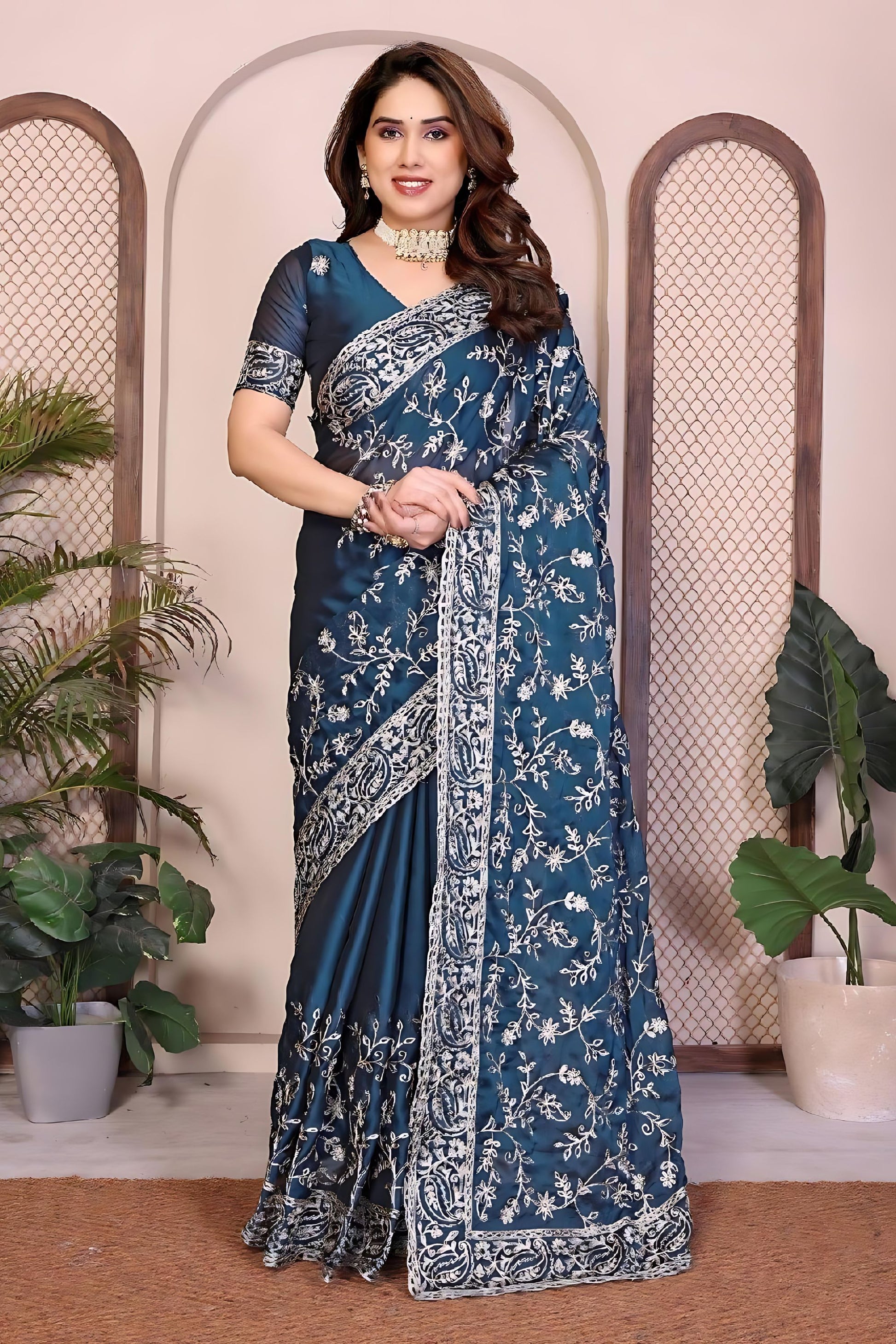 Navy Blue Designer Embroidered Saree with Heavy Sequins Work
