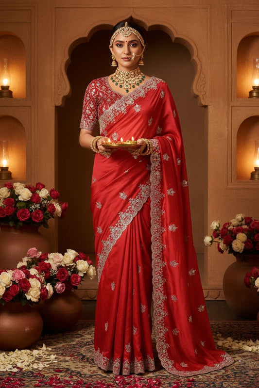 Traditional Red Bridal Silk Saree with Designer Blouse Piece