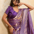 Purple Silk Blend Saree with Golden Zari Embroidery Designer Blouse