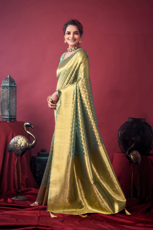Mint Green Banarasi Silk Saree Golden Zari Woven Border Designer Blouse