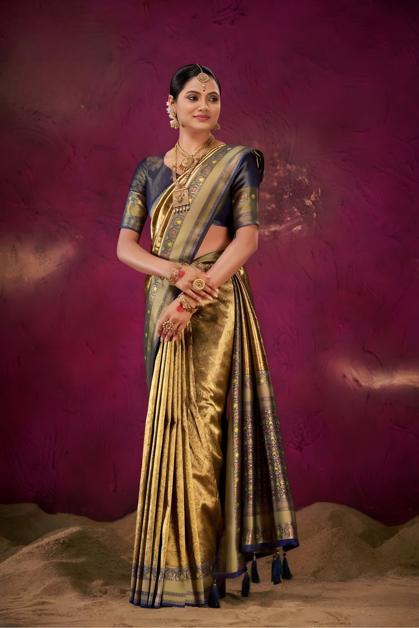 Traditional Gold Navy Blue Kanjivaram Silk Saree Rich Zari Border 