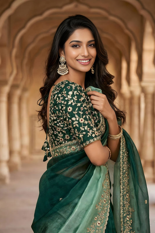 Green Ombre Saree with Gold Embroidered Border Designer Saree