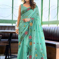 Elegant Sea Green Linen Cotton Saree with Floral Printed Border 