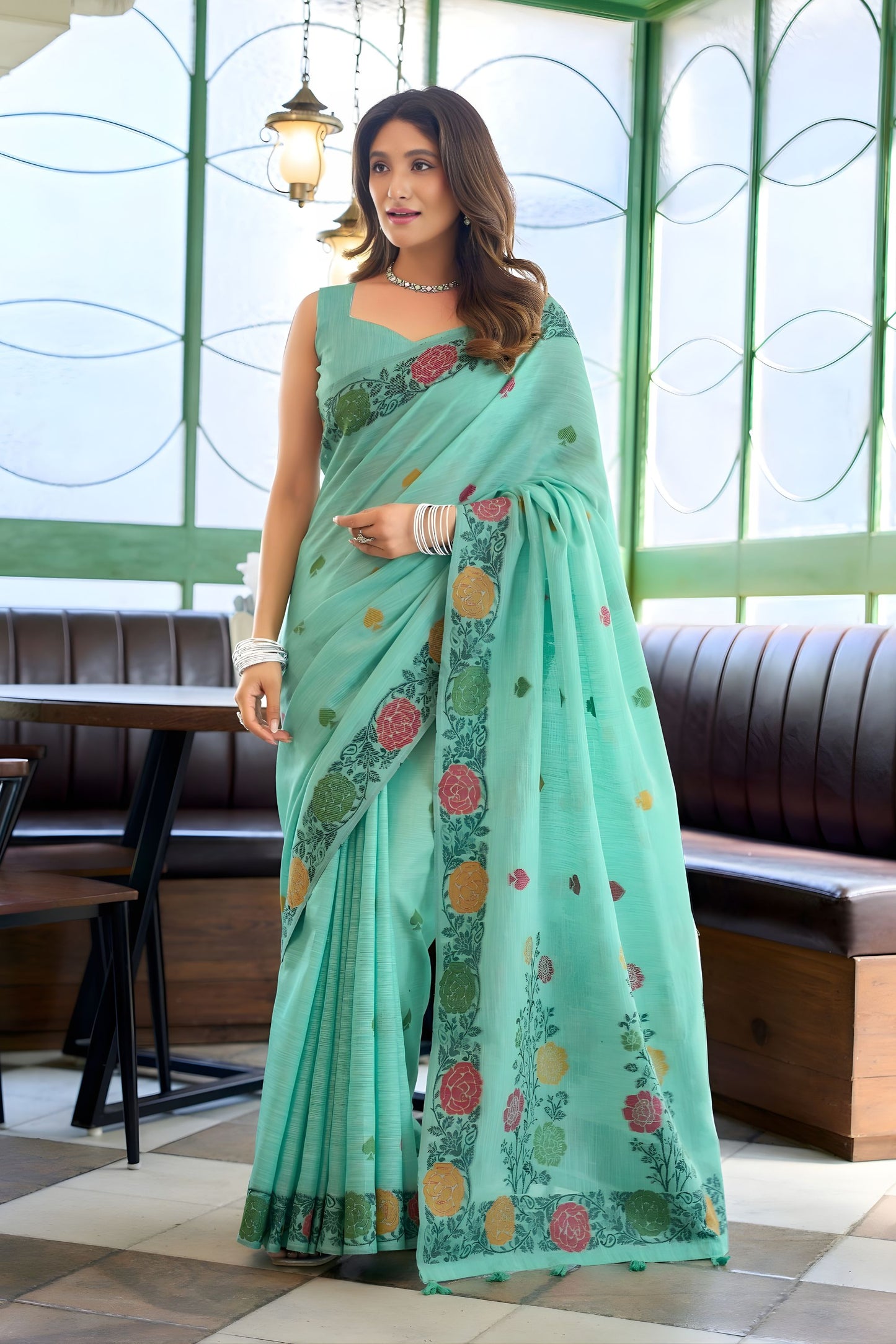 Elegant Sea Green Linen Cotton Saree with Floral Printed Border 
