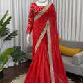 Elegant Red Georgette Saree Silver Border  Blouse Piece Festive Wear