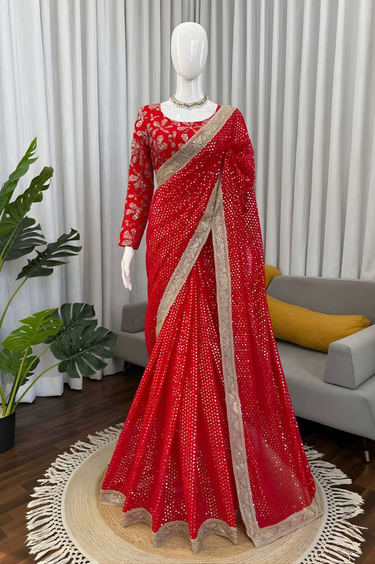 Elegant Red Georgette Saree Silver Border  Blouse Piece Festive Wear