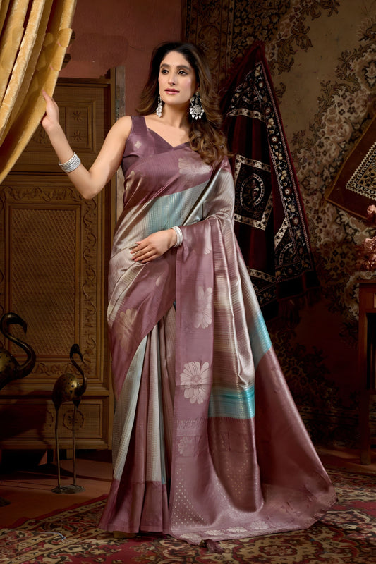 Mauve Pink Silver Silk Saree Floral Zari Weaving Saree 