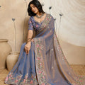 Blue Embroidered Organza Saree Floral Handwork Designer Blouse