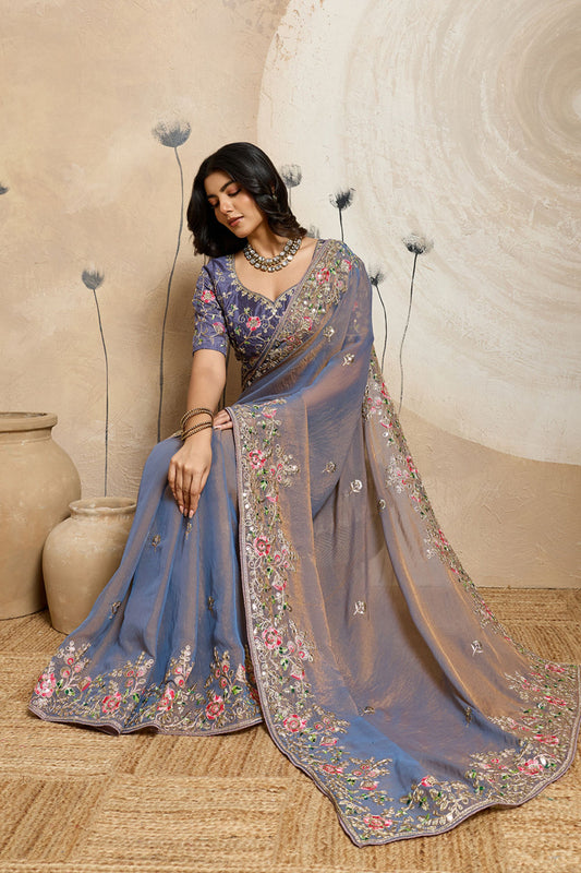 Blue Embroidered Organza Saree Floral Handwork Designer Blouse