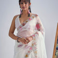Designer Off White Organza Saree with Floral Embroidery Saree