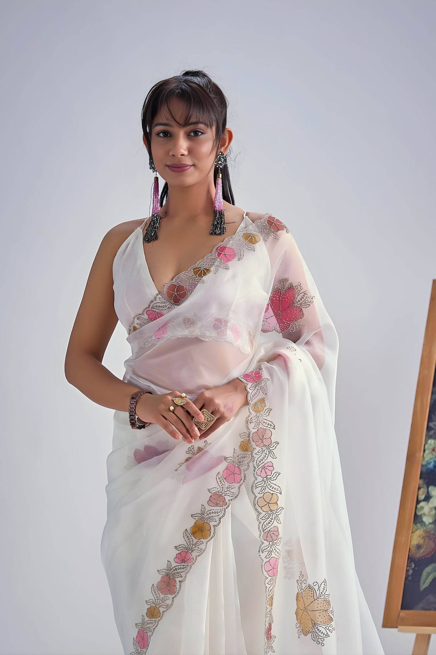 Designer Off White Organza Saree with Floral Embroidery Saree