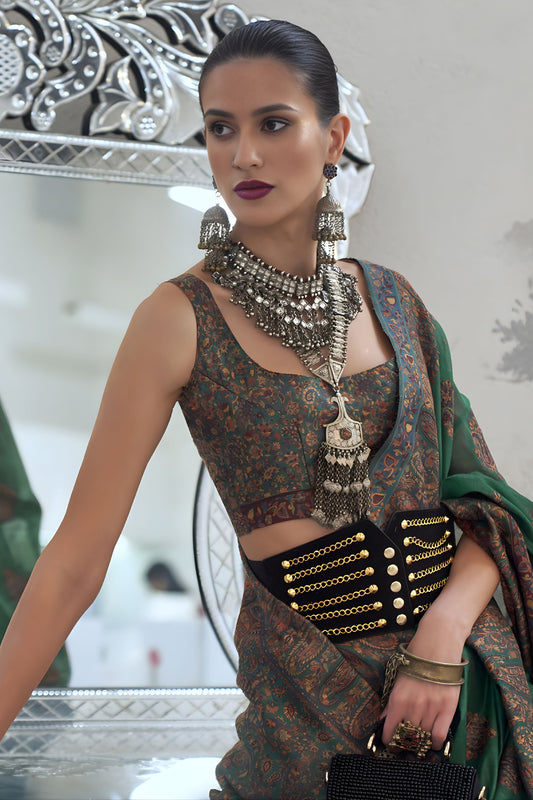 Green Banarasi Silk Saree with Traditional Paisley Woven Border