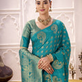 Teal Blue Banarasi Silk Saree with Gold Zari Buta Traditional Pallu