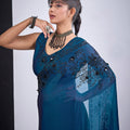 Teal Blue Organza Saree with Black Floral Embroidery Designer Party Wear Saree