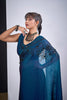 Teal Blue Organza Saree with Black Floral Embroidery Designer Party Wear Saree