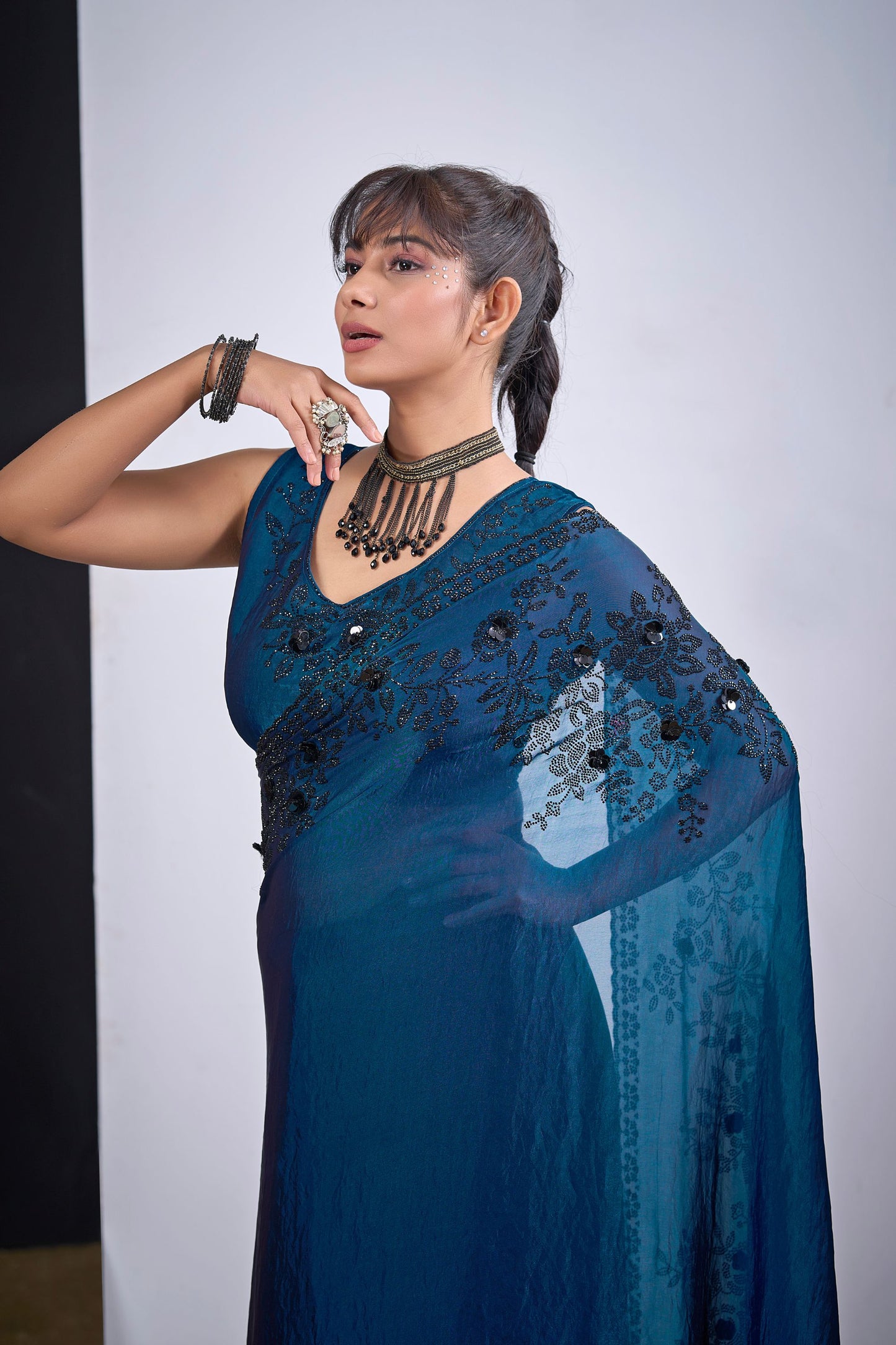 Teal Blue Organza Saree with Black Floral Embroidery Designer Party Wear Saree