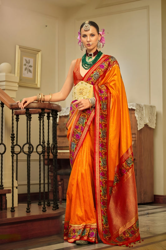 Royal Orange Banarasi Silk Saree Floral Woven Border Red Zari Pallu 