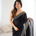 Designer Black Georgette Saree Gold Embellished Border Party Wear Saree