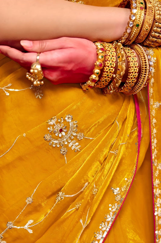Designer Mustard Yellow Embroidered Saree Sequence Work