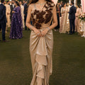 Luxury Champagne Gold Satin Ready-to-Wear Saree 3D Floral Designer Blouse 