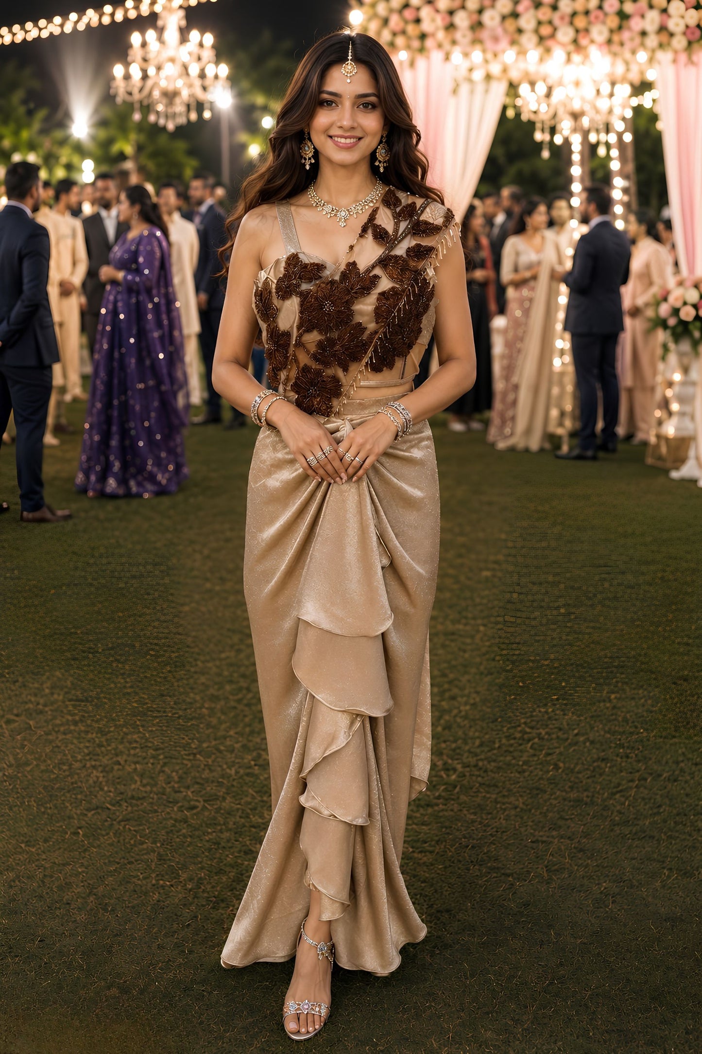 Luxury Champagne Gold Satin Ready-to-Wear Saree 3D Floral Designer Blouse 