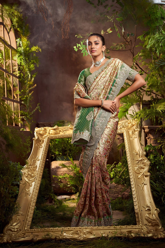 Green And Beige Embroidered Silk Designer Saree 